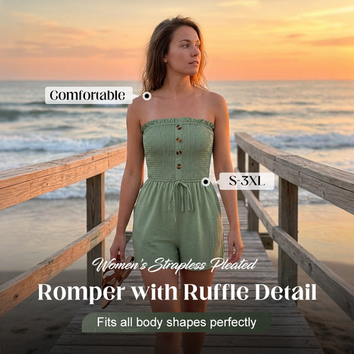 🎉Last Day Promotion 50% OFF💃Women's Strapless Frill Trim Shirred Tie Front Wide Leg Tube Romper