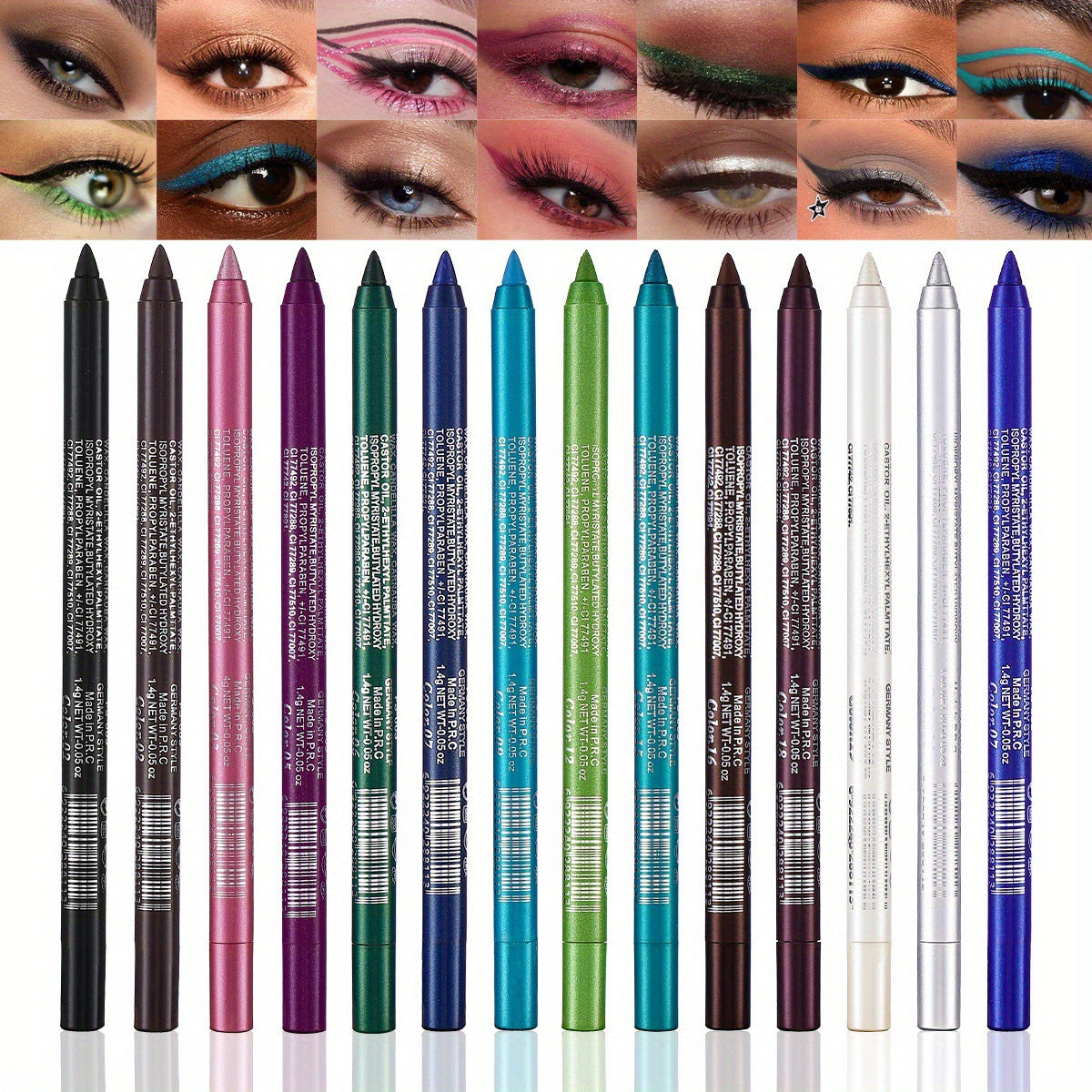 🔥LAST DAY SALE ONLY ￡9.99!!💧14-Pack Waterproof Colored Gel Eyeliner Pencil – Metallic & Shimmer Finishes, Smudge-Proof（Pencil sharpener color is random）