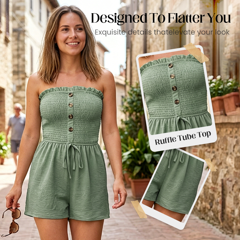 🎉Last Day Promotion 50% OFF💃Women's Strapless Frill Trim Shirred Tie Front Wide Leg Tube Romper
