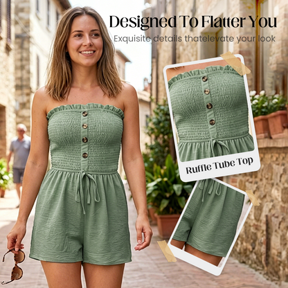 🎉Last Day Promotion 50% OFF💃Women's Strapless Frill Trim Shirred Tie Front Wide Leg Tube Romper