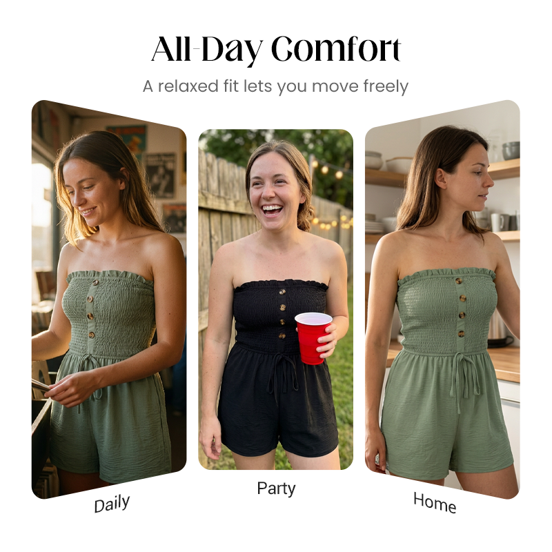 🎉Last Day Promotion 50% OFF💃Women's Strapless Frill Trim Shirred Tie Front Wide Leg Tube Romper