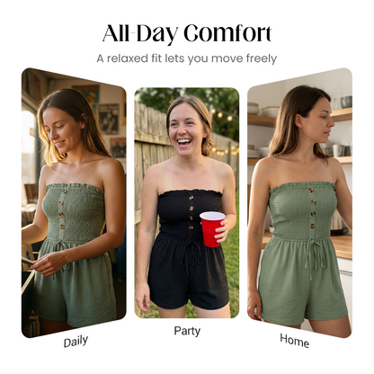 🎉Last Day Promotion 50% OFF💃Women's Strapless Frill Trim Shirred Tie Front Wide Leg Tube Romper